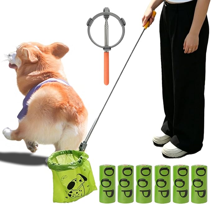 Dog Pooper Scooper with Bags, Long Handle No-Touch Dog Waste Picker Tool | With 90 Rolls Poop Bags, 47 Inch Extendable Handle, No Bending Cleanup, Portable Pooper Scooper for Yard, Walks and Travel