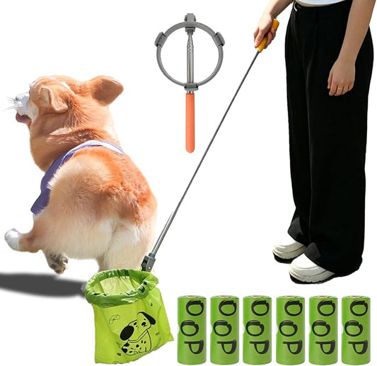 Dog Pooper Scooper with Bags, Long Handle No-Touch Dog Waste Picker Tool | With 90 Rolls Poop Bags, 47 Inch Extendable Handle, No Bending Cleanup, Portable Pooper Scooper for Yard, Walks and Travel
