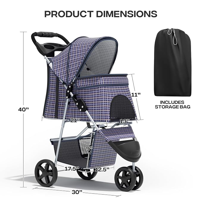 Pet Stroller for Small Dogs 10 lbs, Dog Stroller for Medium Dogs 30 lbs, Cat Strollers for 2 Cats, 3 Wheels Foldable Jogger Puppy Stroller with Storage Basket and Cup Holder, Plaid