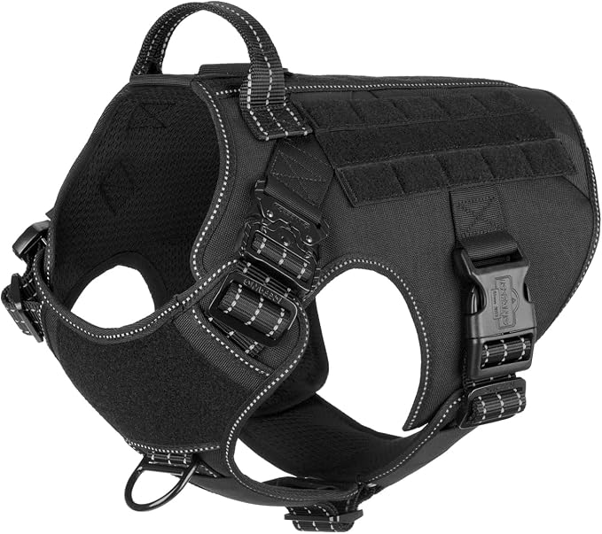 ICEFANG Tactical Dog Harness,for X-Large Dogs,Reflective No Pull Dog Vest | with Control Handle, Adjustable,Front Hook,2 Leash Clips,No Choke,Soft Padded,MOLLE Panel,Black,X-Large
