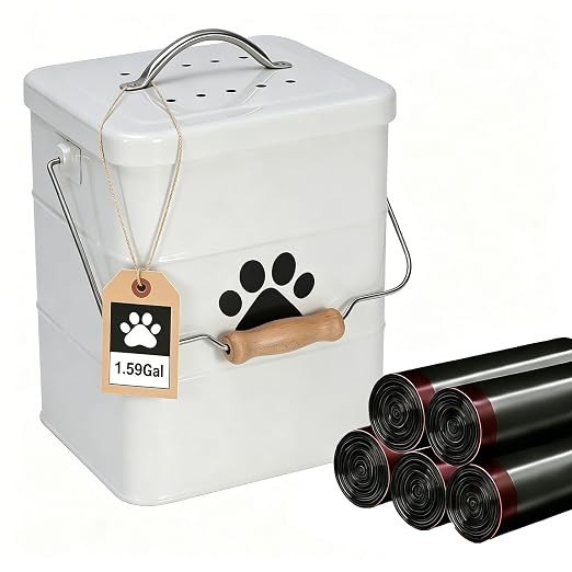Small Dog Poop Trash Can Outside,1.5Gal/6L Metal Dog Waste Trash Can with Lid/Filter/Handle,Pet Waste Container Bucket with 75 Trash Bags-White