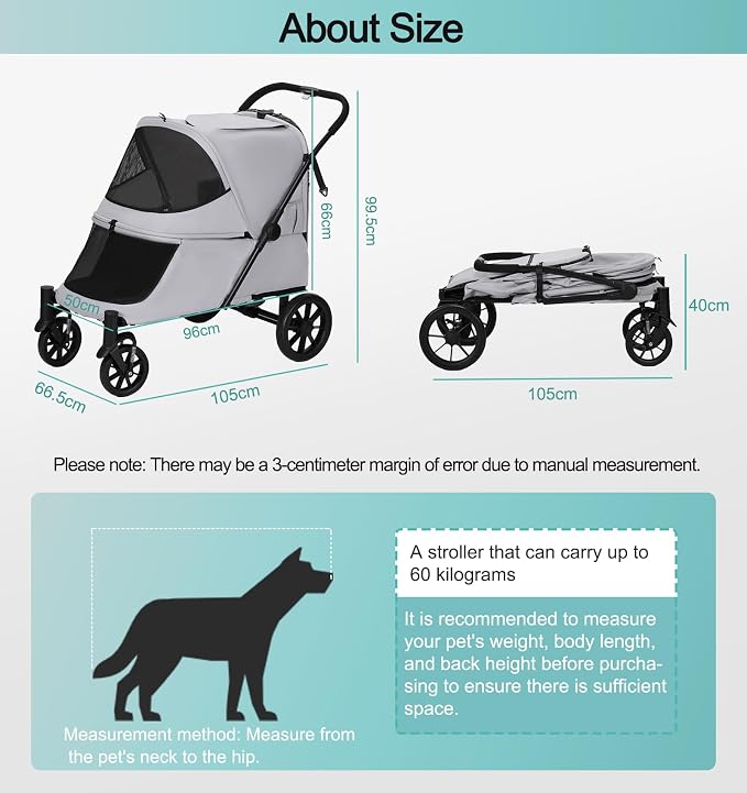 Pet Stroller with Ramp for Large Dogs up to 132lbs, Large Pet Gear for Multiple Dogs/Cats, All-Terrain with Mesh Dual-Window & NO-Zip, Removable Mattress & Slope Pad (Gray)