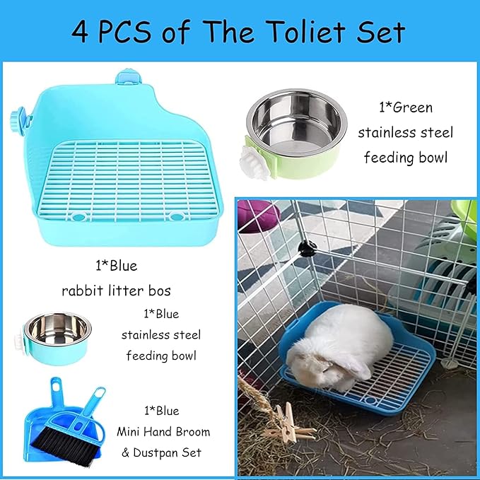 Rabbit Litter Box for Cage Bunny Corner Litter Bedding Box Small Animal Litter Pan Hanging Pet Bowls Cage Potty Trainer Pet Toilet for Rabbit Bunny Guinea Pigs Small Animals(Blue)