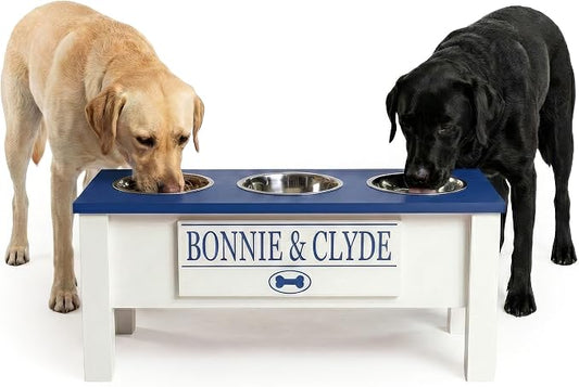 3 Bowl Dog Feeding Station, Personalized Triple Bowl Food Stand Large Dogs | Farmhouse Style, Elevated Wood Stand, Storage Container, Stainless Steel Bowls, Raised Feeder, Large Breed, Made in USA