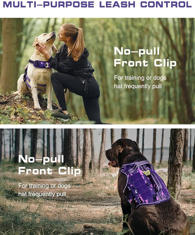 Dog Harness Medium Sized Dog, No Pull Dog Vest with Molle System | Tactical, Easy Control With Handle, Breathable Soft Padded, Adjustable, Reflective, No Choke for Walking, Purple Camo Medium