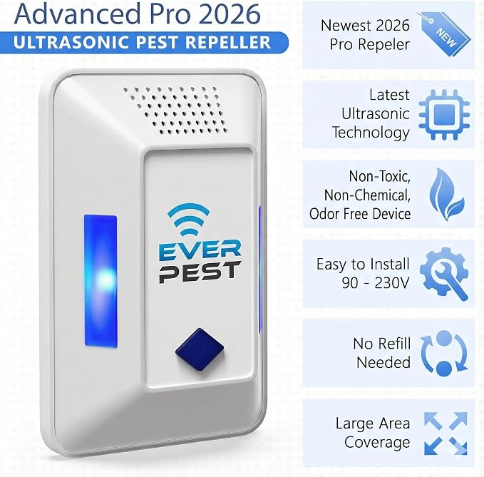 Ultrasonic Pest Control Repeller Plug in - 2 Pack Device Repels Cockroach Cricket Bug Flea Fruit Flies Deterrent, Ultrasound Insect Mice Roach Rat Scorpion