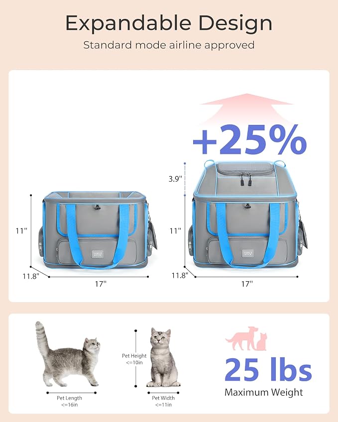 Expandable Cat Dog Carrier: NOBLE DUCK Soft-Sided Pet Carrier Airline Approved Large Small Medium Collapsible Portable Travel Up to 25 Lbs Black