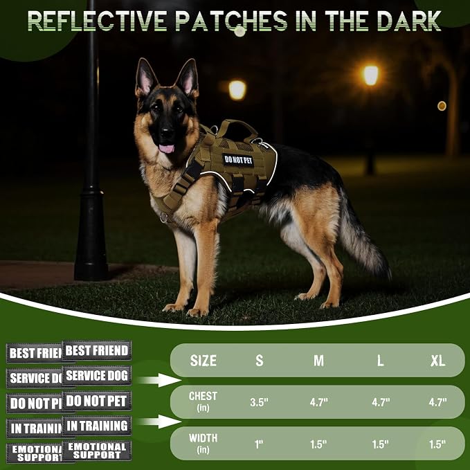 Tactical Molle Vest Mesh Dog Harness with 10 Removale Pet Patches | Breathable Service Dog harness with Double Soft Padded Handle for Large Dog, Reflective Military Pet Vest for Walk Hiking