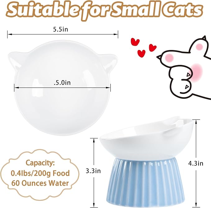 Ceramic Raised Cat Bowl，Tilted Raised Cat Bowl Anti Vomit Cat Bowls for Indoor Cats Whisker Friendly Pet Feeder for Cats Puppies, Microwave and Dishwasher Safe, Blue