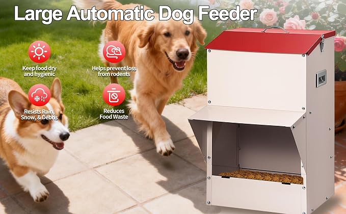Outdoor Gravity Dog Feeder, 50 lb Large Capacity Automatic Dog Food Dispenser, Heavy Steel Weather-Resistant Pet Feeder with Clear Viewing Door, Wall or Ground Mount for Large Dogs