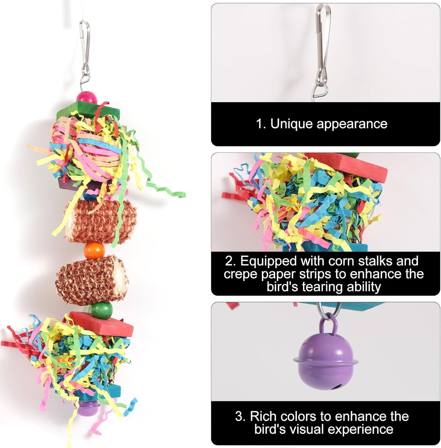 2pcs Bird Toys, Parrot Toys for Parakeets Cockatoos Cockatiels Budgie Conure Macaw Corn Cob Shredding Paper Tearing & Foraging Toy Chewing Hanging Toy Cage Accessories for Small & Medium Birds Pet