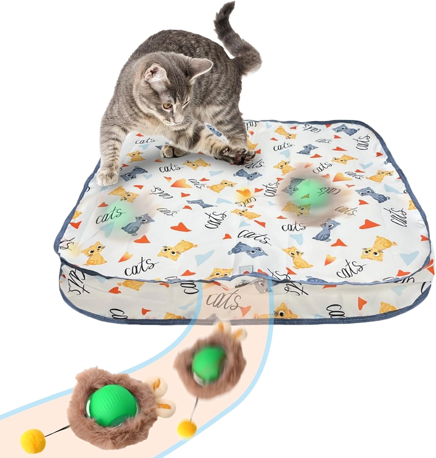 Rocfish Interactive Cat Toys Ball - Automatic Fast Rolling Ball in Play Mat, Hide and Seek Mouse Catching Game, Low-Noise Cat Enrichment Toys in Pouch for Indoor Bored Cats (Green Toy & Square Mat)