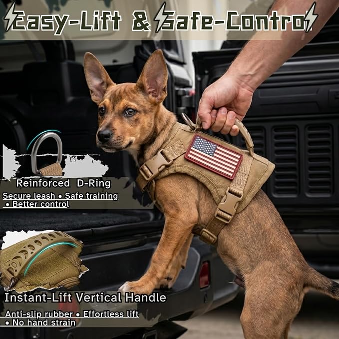 Tactical Dog Harness for Small Dogs, XS Puppy Harness with Handle, No Pull Adjustable Military Vest, Soft Chest Support Pad, D-Ring, Molle Loop Panels, 2 Patches, Khaki