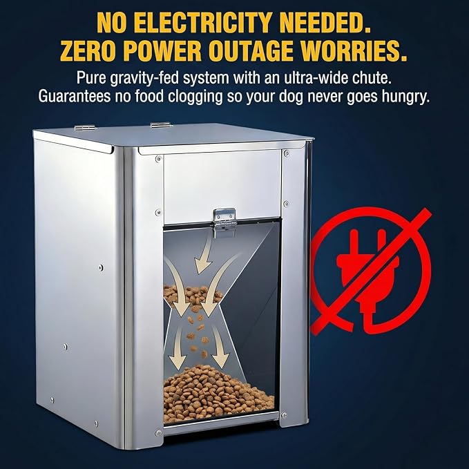 6.8L(15 lbs) Gravity Dog Feeder – Stainless Steel Automatic Pet Food Dispenser, No Power Outdoor Dog Feeder, for cat and Small Dog, Wall Mount or Floor Pet Feeding Station,Weather-Resistant