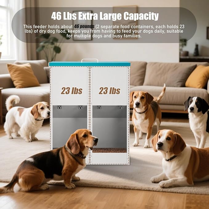 46Lb Gravity Automatic Dog Feeder for 2 Dogs, No Assembly Required | Galvanized Metal Self Feeding Dog Food Dispenser, Double Pet Feeder for Outdoor and Indoor Use