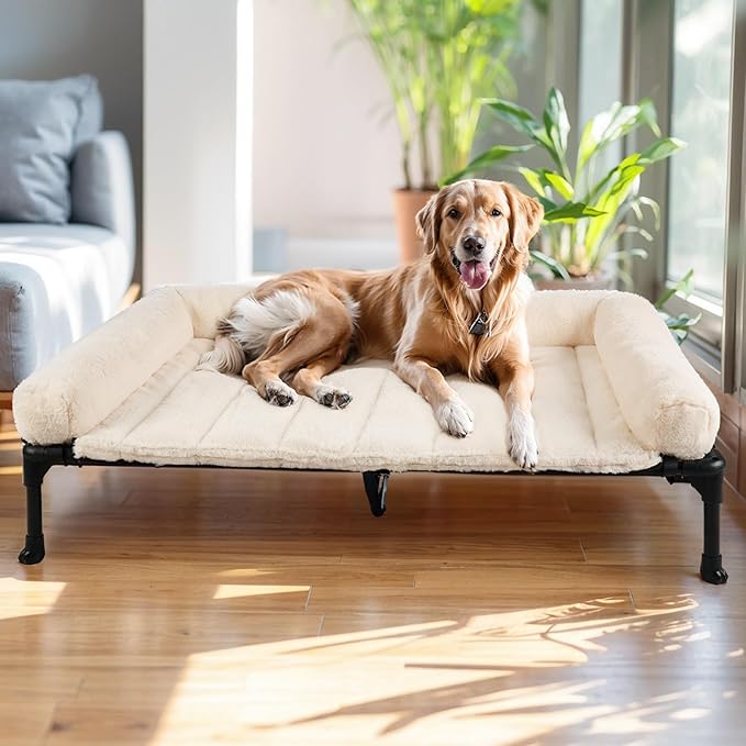 Veehoo Elevated Dog Beds Large Sized Dog with Fluffy Plush Bolster Cushion | Orthopedic Raised Dog Beds for Indoor Outdoor, Soft Pet Sofa Cot with Removable Washable Mat, No-Slip Feet, 49" x 33", White