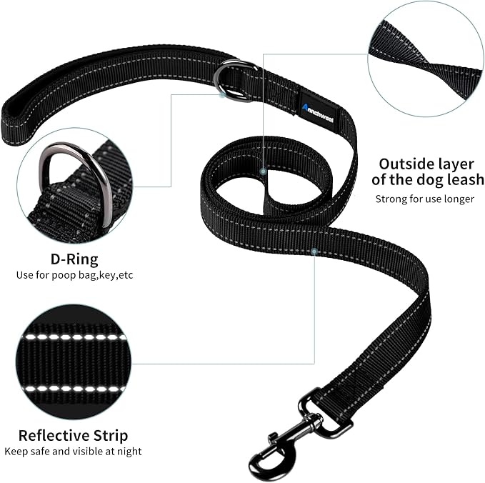 Annchwool No Pull Dog Harness with Padded Handle+5 Ft Leash,Reflective Strip Escape Proof and Quick Fit to Adjust Dog Harness,Easy for Training Walking for Small & Medium and Large Dogs(Black-Set,M)