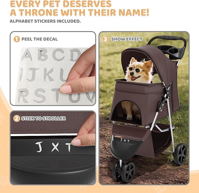 Magshion 3-Wheel Pet Stroller, Foldable Travel Jogger for Small & Medium Dogs & Cats (Up to 33lbs), Lightweight Carrier with Breathable Mesh Cover, Cup Holder & Storage Basket, Coffee