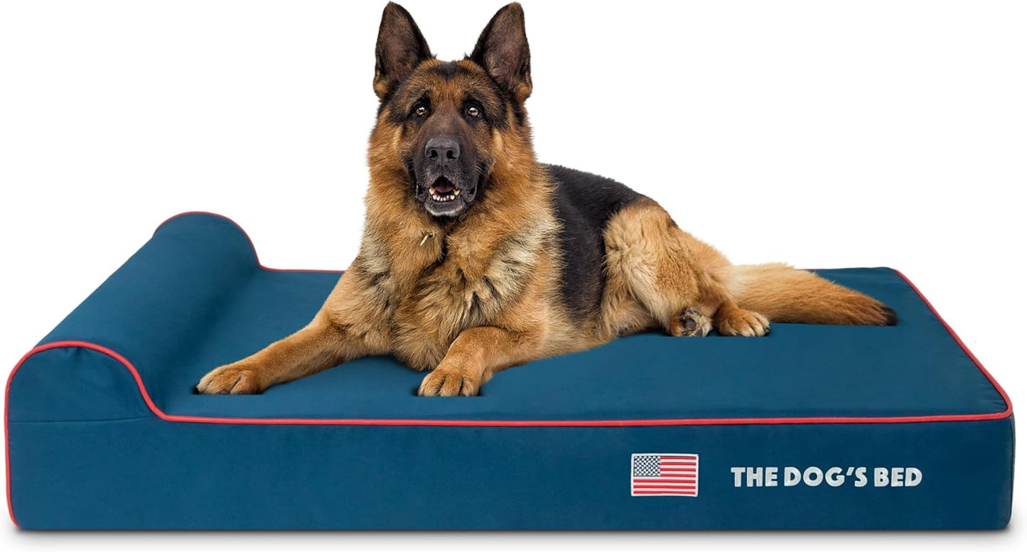 The Dog’s Bed Orthopedic Headrest Dog Bed XL Blue Oxford with Red Trim US Flag 46x28, Memory Foam, Hip & Elbow Dysplasia, Post Surgery, Lameness, Veterinary Approved, Waterproof Washable Cover