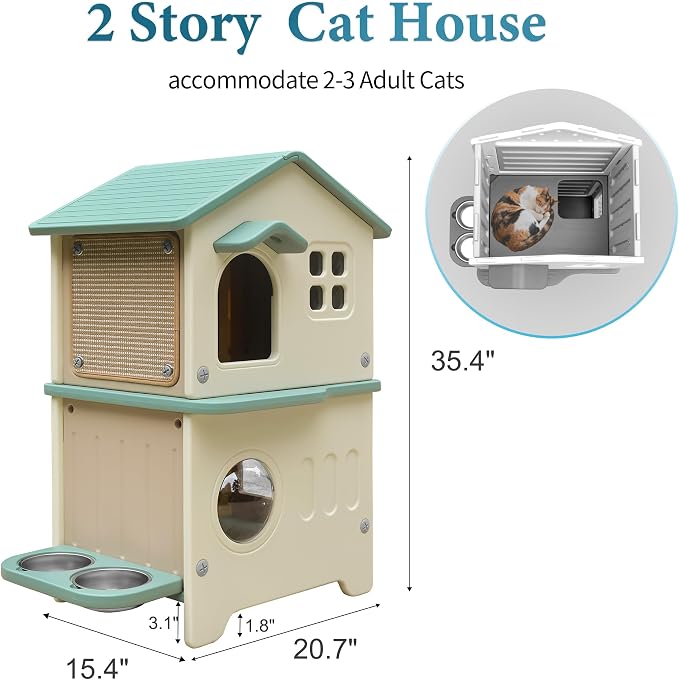 Cat House Outdoor Weatherpoof Plastic Cats Houses 2-Story | with Elevated Cat Bowls, Cat Scratch Pads and Escape Door, Indoor Waterproof Feral/Pet Cat Shelter Outside for Multiple Cats