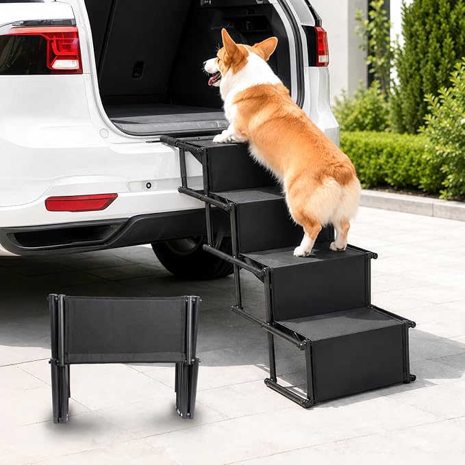 Dog Stairs for Large Dogs,4-Step Foldable Dog Ramp for Car with Non-Slip Surface & Oxford Fabric,Portable & Lightweight Pet Stairs for SUV,Truck,Bed & Couch,Supports up to 132 lbs (Black)
