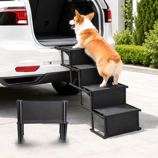 Dog Stairs for Large Dogs,4-Step Foldable Dog Ramp for Car with Non-Slip Surface & Oxford Fabric,Portable & Lightweight Pet Stairs for SUV,Truck,Bed & Couch,Supports up to 132 lbs (Black)
