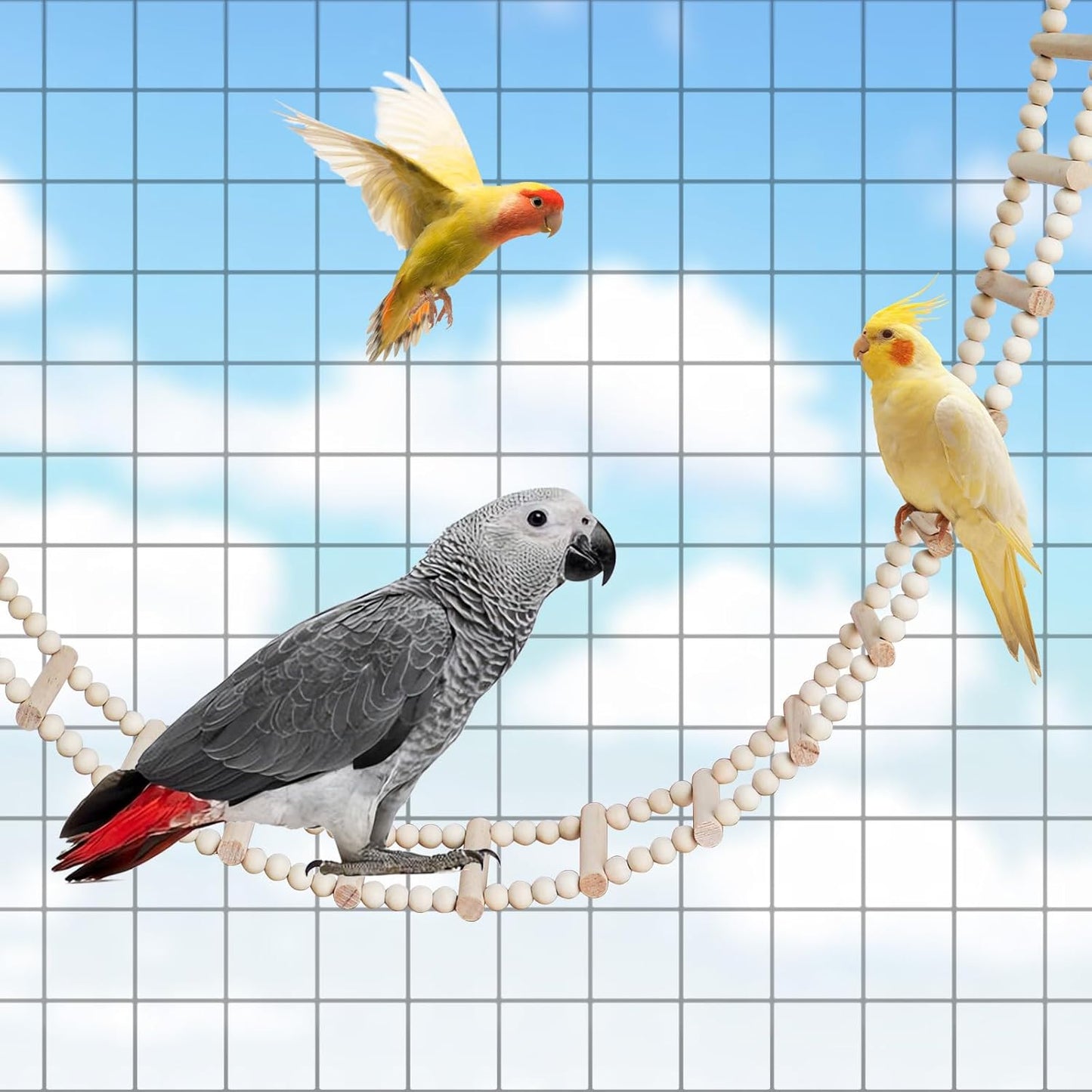 Long Bird Ladder with Wooden Rungs and Beads, Parakeet Climbing Swing Toys, Bird Cage Accessories, Wooden Climbing Bridge Toys for Parrots, Rat, Sugar Gliders, Squirrels, Snakes