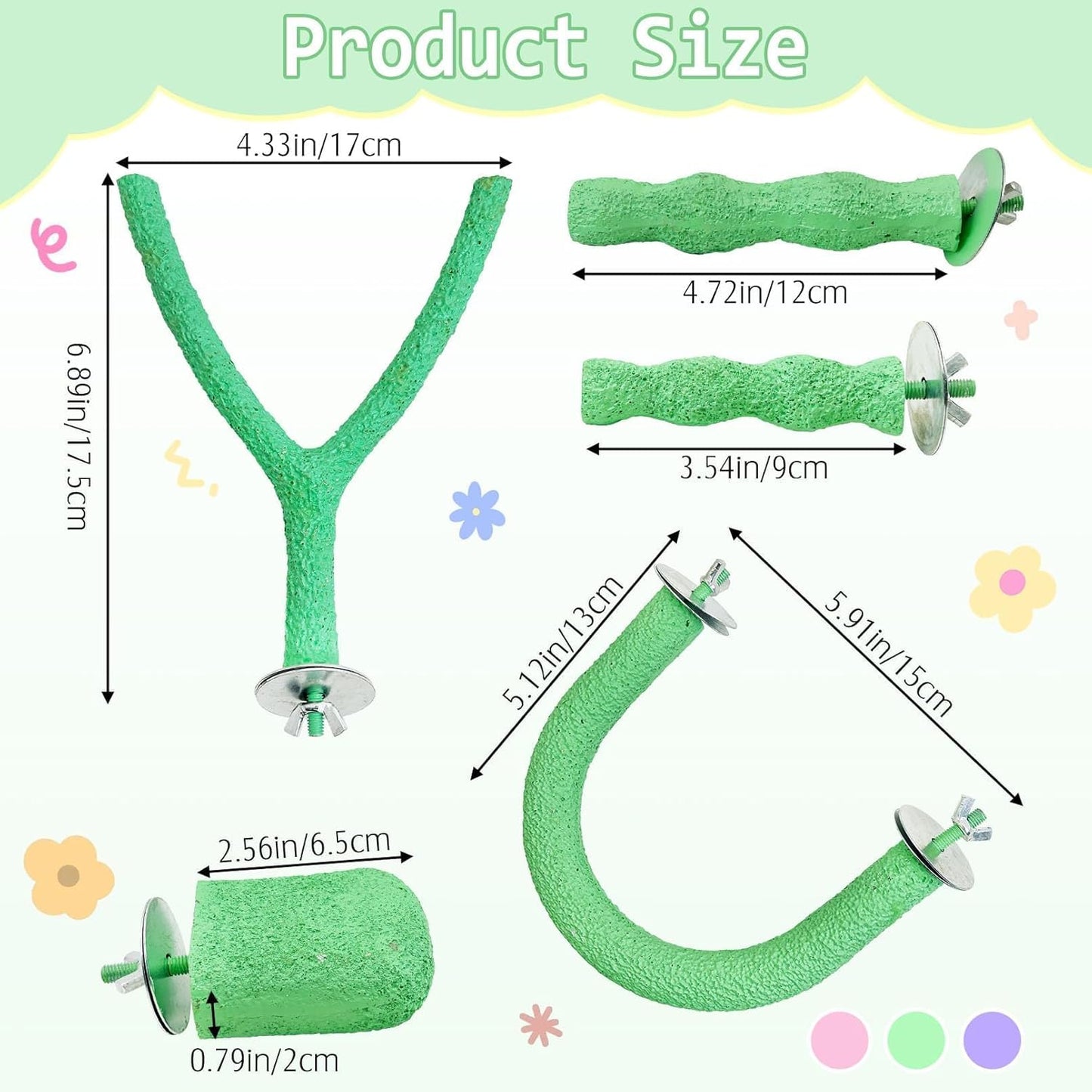 PINVNBY 5 Pack Bird Perch Resin Bird Beak Grinding Stone Parrot Cage Perch Stand Platform Foot Claws Trimmer Chew Toy Bird Cage Accessories for Budgie Cockatiel Conure Lovebird Finch (Green)