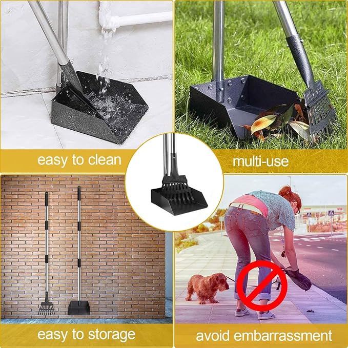Pooper Scooper, Dog Pooper Scooper Long Handle Stainless Metal Tray and Rake for Medium Small Dogs Heavy Duty Pet Supplies to Use for Grass, Dirt or Gravel