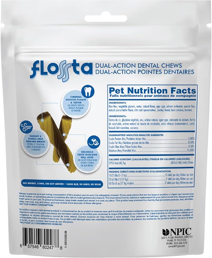 N-Bone Flossta Dual Action Dental Chews for Dogs, Unique Twist Shape for Deep Teeth Cleaning and Proactive Dental Care, Peanut Butter Flavor, 15 Count 12-oz Bag