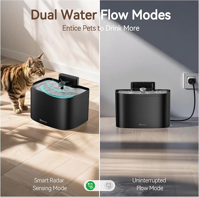 Cat Water Fountain, 122oz/3.6L Pumpless Wireless Cat Fountain, Cordless Water Fountains for Cats Indoor, Dog Pet Water Fountain Battery Operated with Stainless Steel Tray (Black, Fountain+2 Fliters)