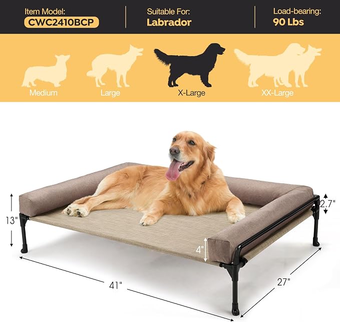 Veehoo Outdoor Elevated Dog Bed-Cooling Raised Dog Cot for Large Sized Dogs | Three-Sided Fence Raised Pet Cot with Mesh & No-Slip Feet Dog Hammock Bed with Removable Bolster-41" x 27" Beige