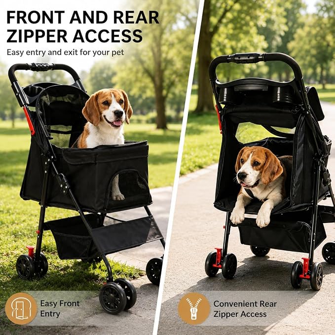 Dog Stroller for Small Dogs, Pet Stroller with 4 Wheels, Foldable Dog Strollers for Small Dogs & Cats, Cat Stroller with Storage Basket, Breathable Mesh, 360° Wheels & Rear Brakes Grey