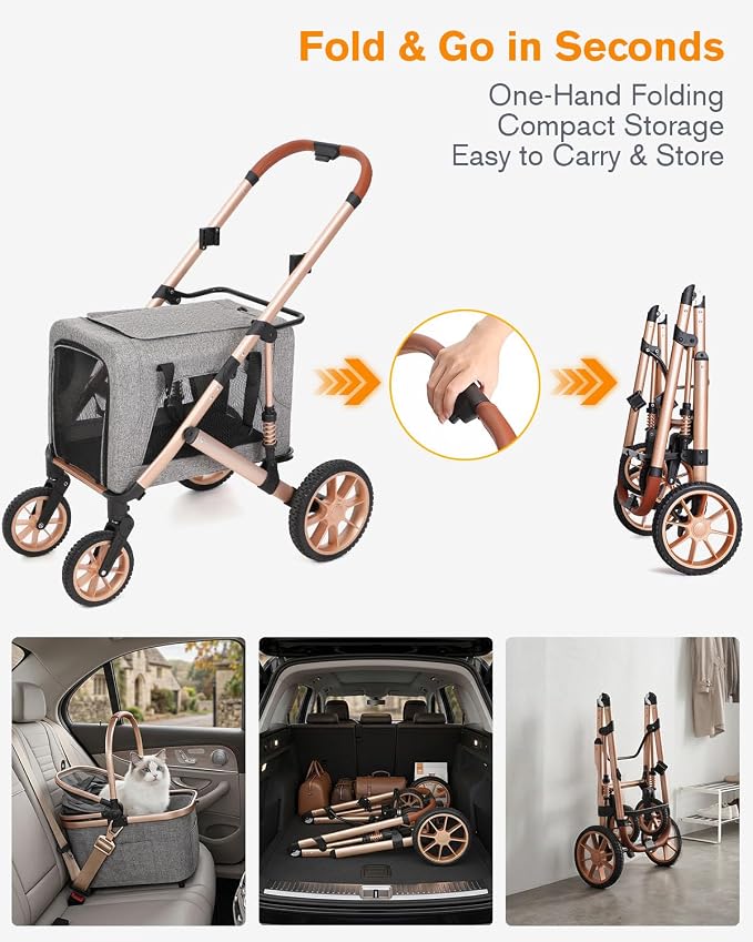HOVONO Double Dog Stroller for 2 Small & Medium Dogs/Cats Up to 60 lbs | 3-in-1 Pet Stroller with Detachable Carrier, Lightweight Aluminum Alloy, Foldable Frame, Rubber Wheels with Suspension