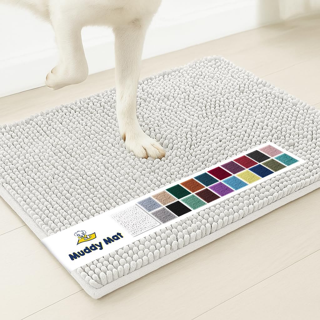 Muddy Mat® AS-SEEN-ON-TV Highly Absorbent Microfiber Door Mat and Pet Rug, Non Slip Thick Washable Area and Bath Mat Soft Chenille for Kitchen Bathroom Bedroom Indoor and Outdoor - White 24" x 120"