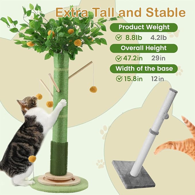 Cat Scratching Post, 46 Inch Tall Cat Scratcher Tree for Indoor Cats Adults with Natural Sisal Rope, Large Scratching Posts with Rubber Brush, 3-Layer Solid Wood Base and Balls Track Toy
