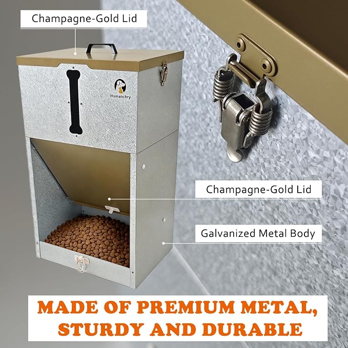 60 lb Automatic Dog Feeder Outdoor Gravity Feeder for Large Dogs | Easy food-level checks, simple latch closure, wall or fence mounting, champagne-gold finish