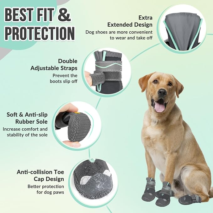 SlowTon Dog Shoes for Large Small Medium Dogs - Waterproof Dog Boots for Summer Hot Pavement, Paw Protector for Outdoor Walking Winter Snow, Anti-Slip Rubber Dog Booties for Hardwood Floor (Grey, 1)