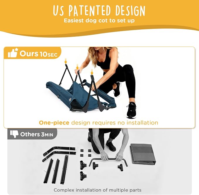 Folding Raised Dog Cot, Large Outdoor Elevated Dog Bed with Upgraded Non-Slip Feet, Cooling Chew Proof Portable Heavy Duty Pet Cot Up to 160 lbs for Camping/Home, Dark Blue, 43"x27"