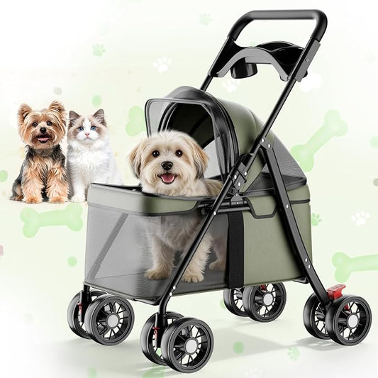 GTPLAYER Foldable Pet Stroller for Small Dogs and Cats, Holds Up to 33 lb, 4-Wheel Stroller with 2 Safety Tethers, Breathable Mesh, Lockable Front Wheels, Cup Holder/Tray & Storage Pocket, Dark Green