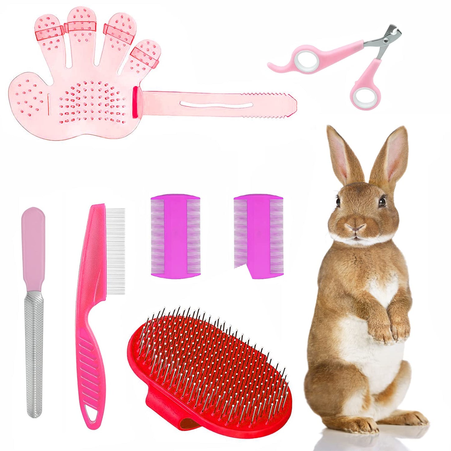 7-Piece Small Pet Grooming Kit: Brush, Nail Clippers, Hair Remover, Shampoo Brush with Hand Strap for Rabbits, Hamsters, Bunnies