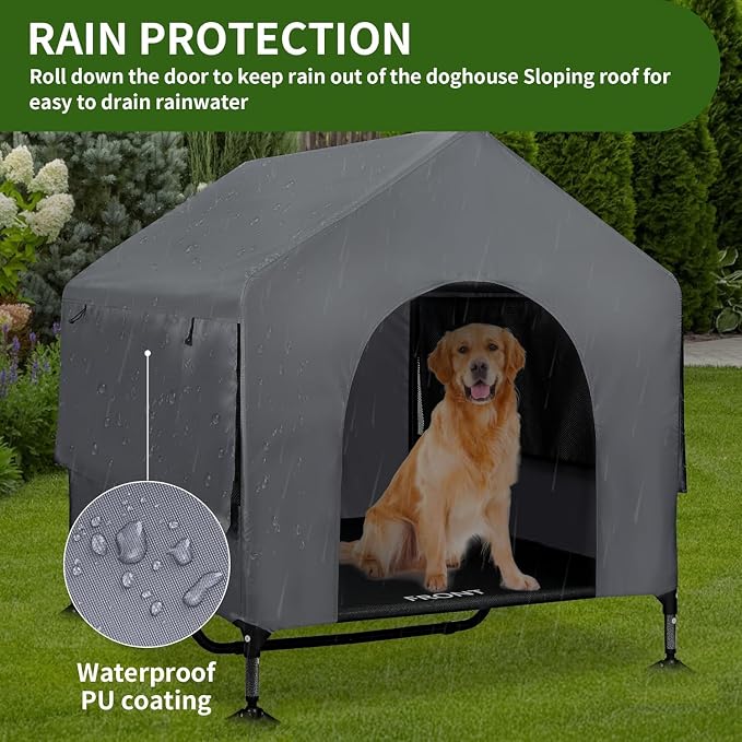 Summertrail 42" Large Dog House Outdoor Indoor Elevated Dog Cot Tent Shade | Dog Shelter with Breathable Mesh Windows, Non-Slip Feet, Easy Install, Waterproof Canopy Dog Kennel for Outside, Easy Clean