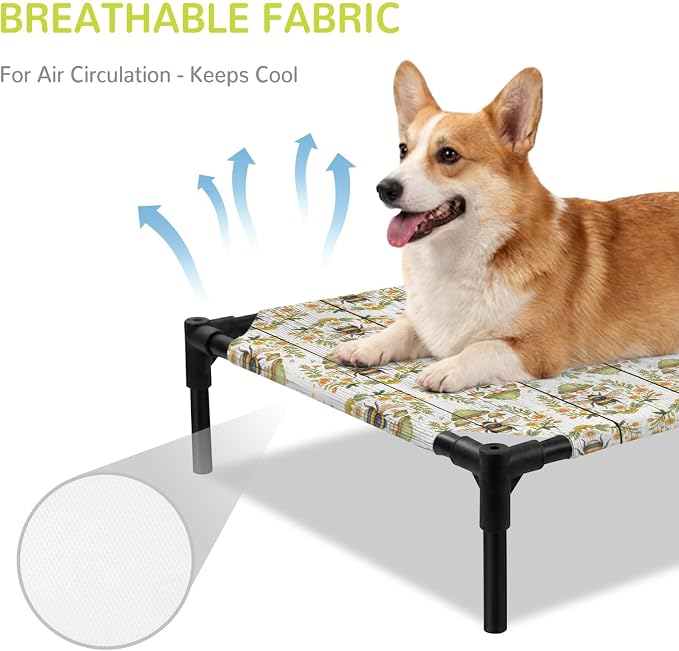 Outdoor Elevated Dog Bed for Medium Dogs, Classic Bees Breathable Cooling Raised Dog Cot for Indoor/Outdoor, Summer Spring Floral Animals Wooden Waterproof Elevated Pet Beds, M 24 x 20 in