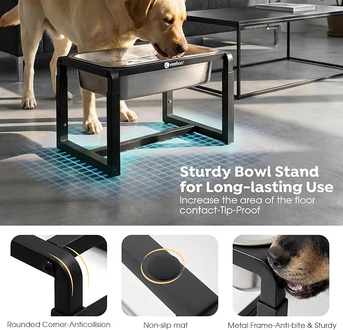 Veehoo 2.4 Gallon Elevated Outdoor Dog Water Bowl for Large Dogs | No Spill Metal Raised Dog Bowls Stand, 3 Adjustable Heights, Relief Joint Pressure, Stainless Steel Bowl, Dishwasher Safe