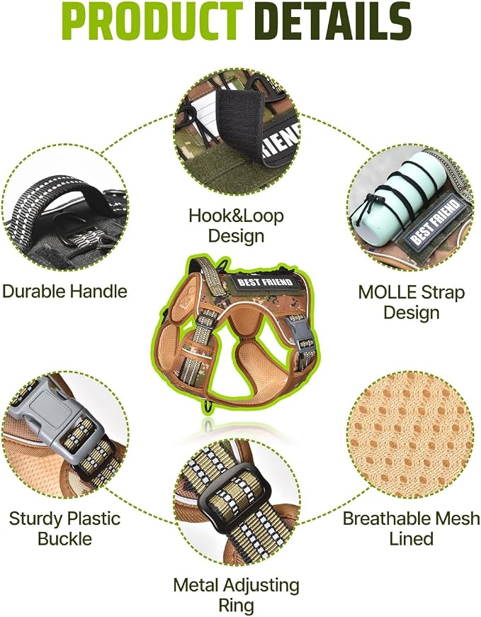 Tactical Dog Harness No-Pull Military Vest for Medium & Large Dogs, Adjustable Reflective Escape-Proof Vest with MOLLE System, Handle Control for Training, Walking, Outdoor – Camo