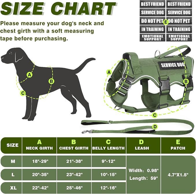 Service Dog in Training Vest and Leash Set+10 Patches,Escape Proof | Heavy Duty Tactical Dog Harness with Metal Buckles for Large Sized Dogs,No Pull Front Back Clips,for Training Hiking,Green L