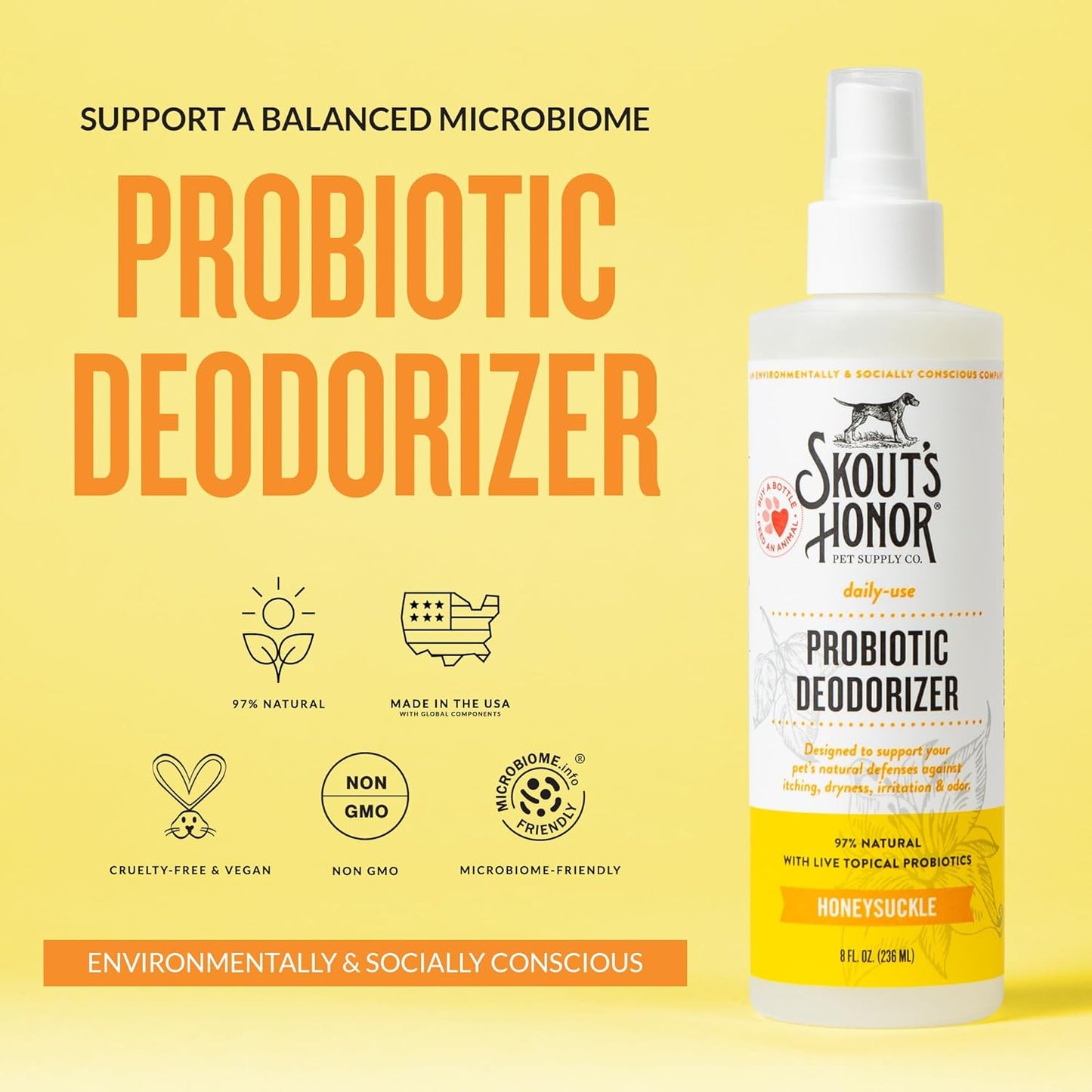 Skout's Honor Probiotic Pet Deodorizer Spray- Hydrating Daily-Use with Avocado Oil & Omega-3s, Microbiome Friendly Certiified, Paraben & Sulfate-Free, 97% Natural, 8oz, Honeysuckle