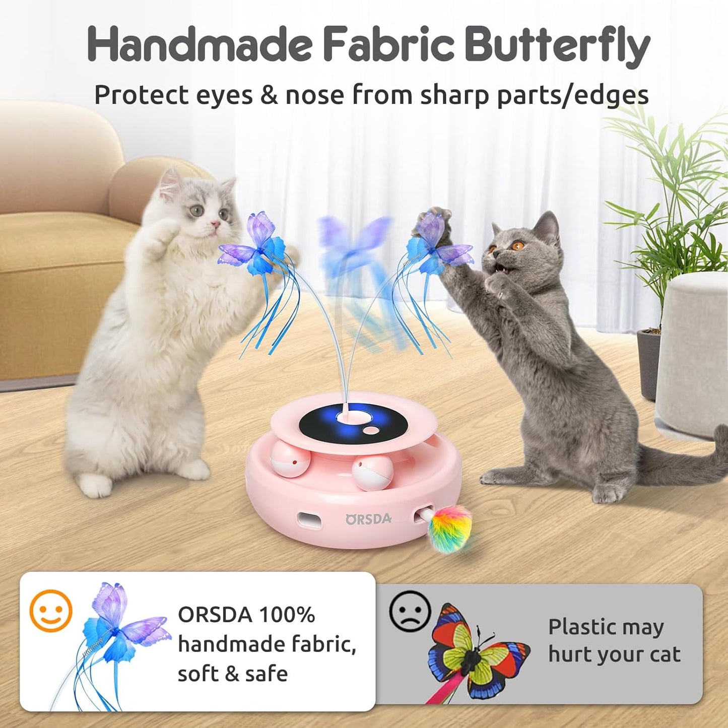 ORSDA Cat Toy, 3-in-1 Automatic Interactive Electronic Moving Ambush Feather, Fluttering Butterfly, Track Balls, USB Rechargeable Powered Smart Indoor Exercise Kicker