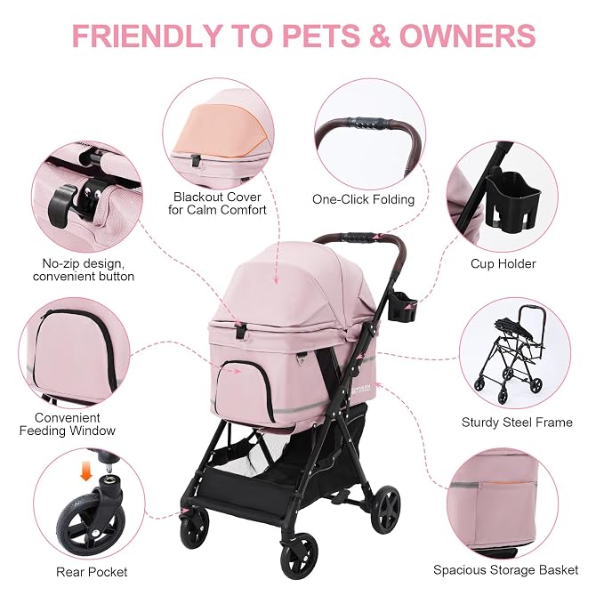 No-Zip Pet Stroller for Small Dogs & Cats, 44 lb, Pink | No-Zip Canopy, 44 lb Capacity, Reflective Trim, 2 Tethers, Lockable Front Wheels, Rear Brake and One-Hand Fold