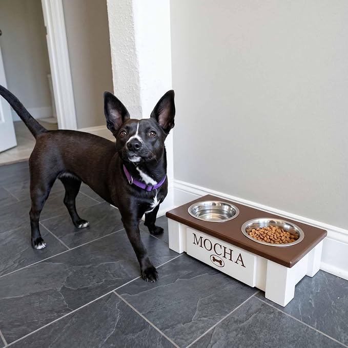 Elevated Dog Bowls for Small Dogs, Personalized Food Stand for Toy Breed | Farmhouse Style, Elevated Wood Stand, Storage Container, Stainless Steel Bowls, Raised Anti-Slip Feeder, Made in USA